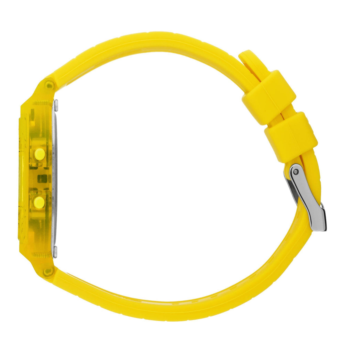Yellow silicone strap with silver spring bar and yellow buckle on the watch case.