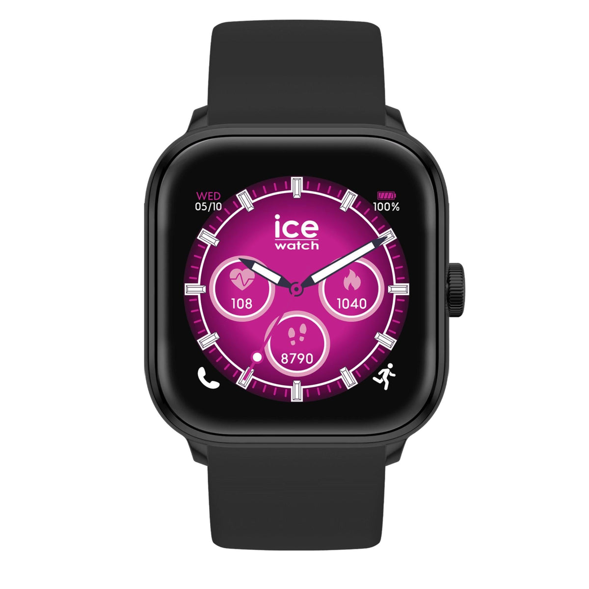 Black digital smartwatch with square AMOLED face, purple watch app graphics and crown