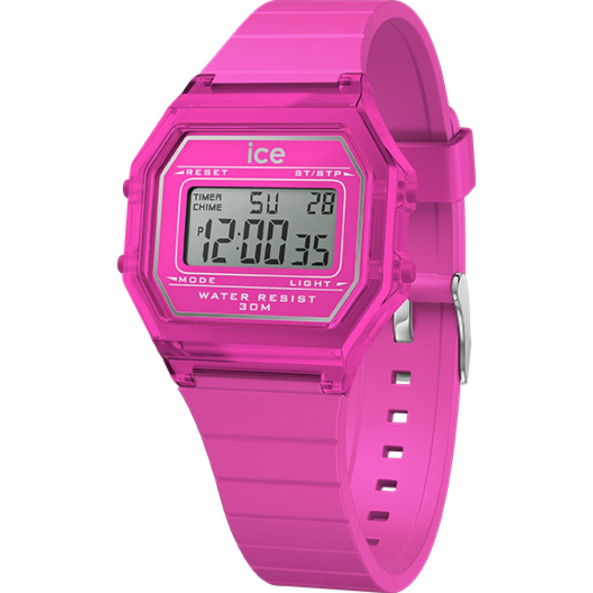 Neon pink digital watch with LCD screen showing time, silicone strap and bezel