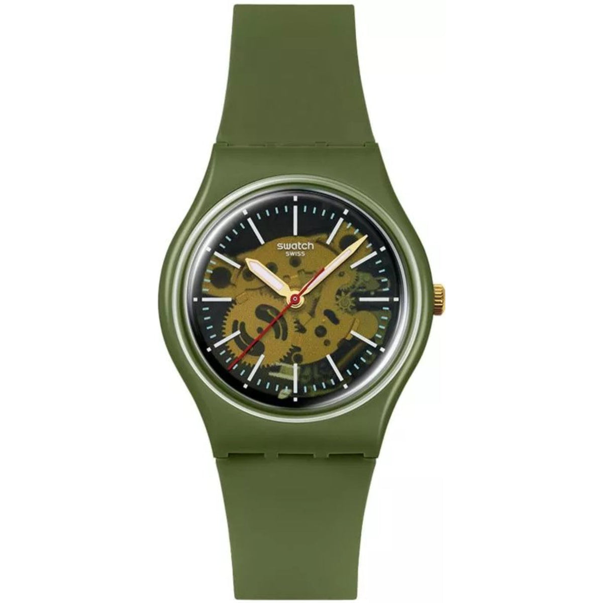 Men's quartz watch front view: green silicone band, round camo dial with gold crown