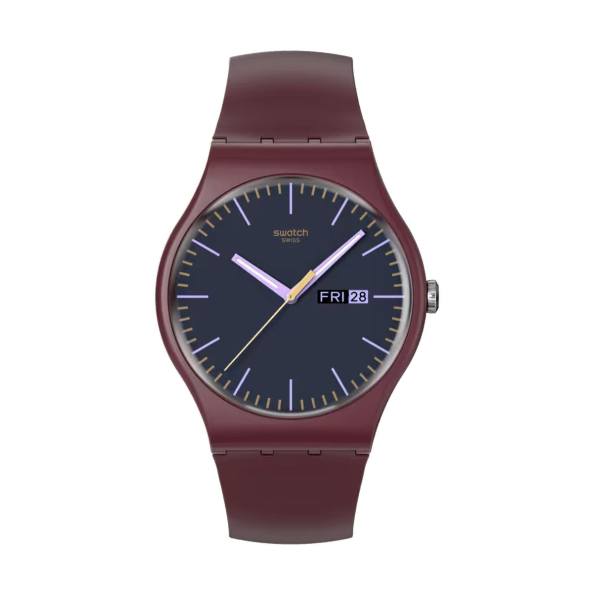 Men's quartz watch with burgundy silicone strap and dark navy dial, purple and gold accents.
