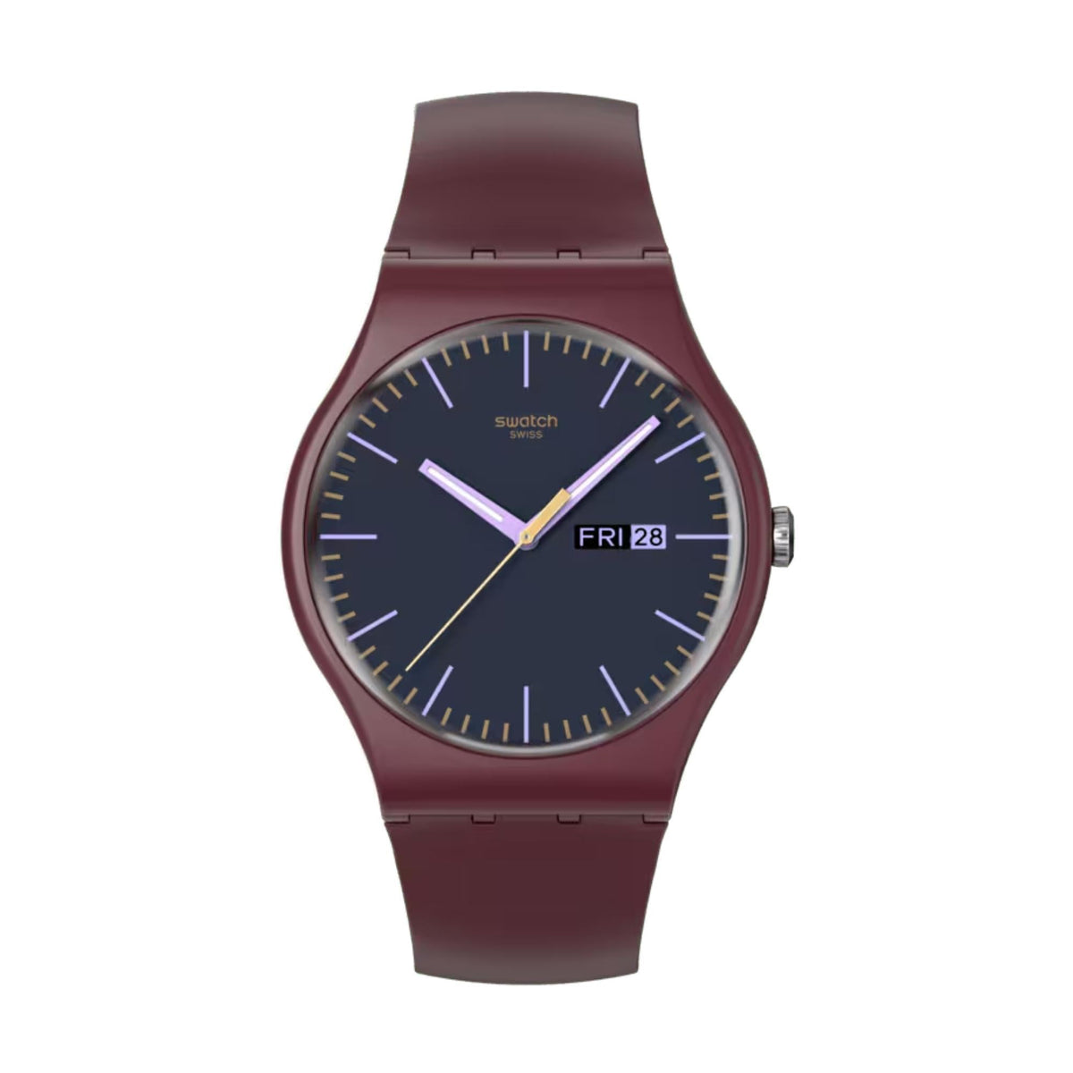 Men's quartz watch front view: burgundy strap, dark navy dial, slim hour markers.