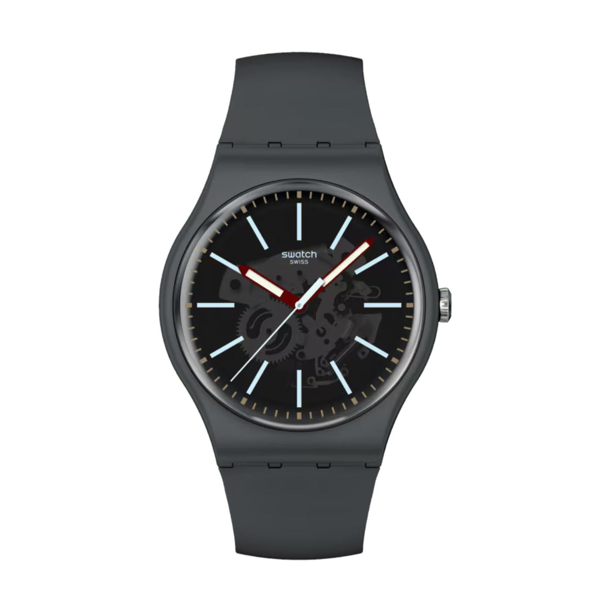 Swatch men's quartz watch front view, dark gray silicone band and black dial with indexes