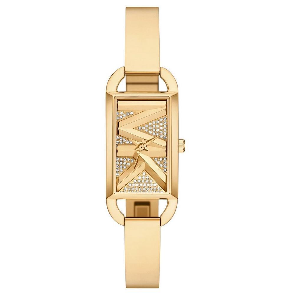 Gold-tone women’s rectangular watch with sparkling geometric dial and link band