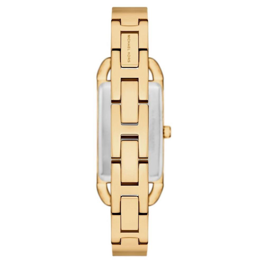 Gold-tone women’s watch back view with patterned bracelet links and clasp