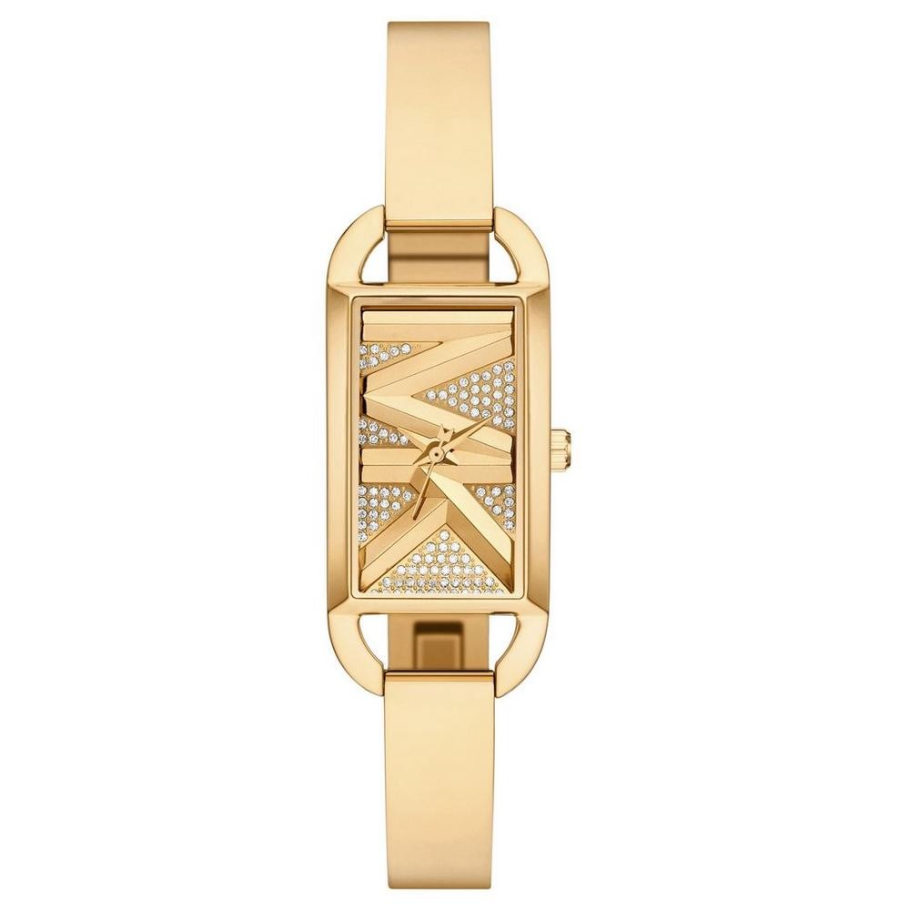 Gold-tone women’s wrist watch featuring geometric sparkle dial and rectangular case