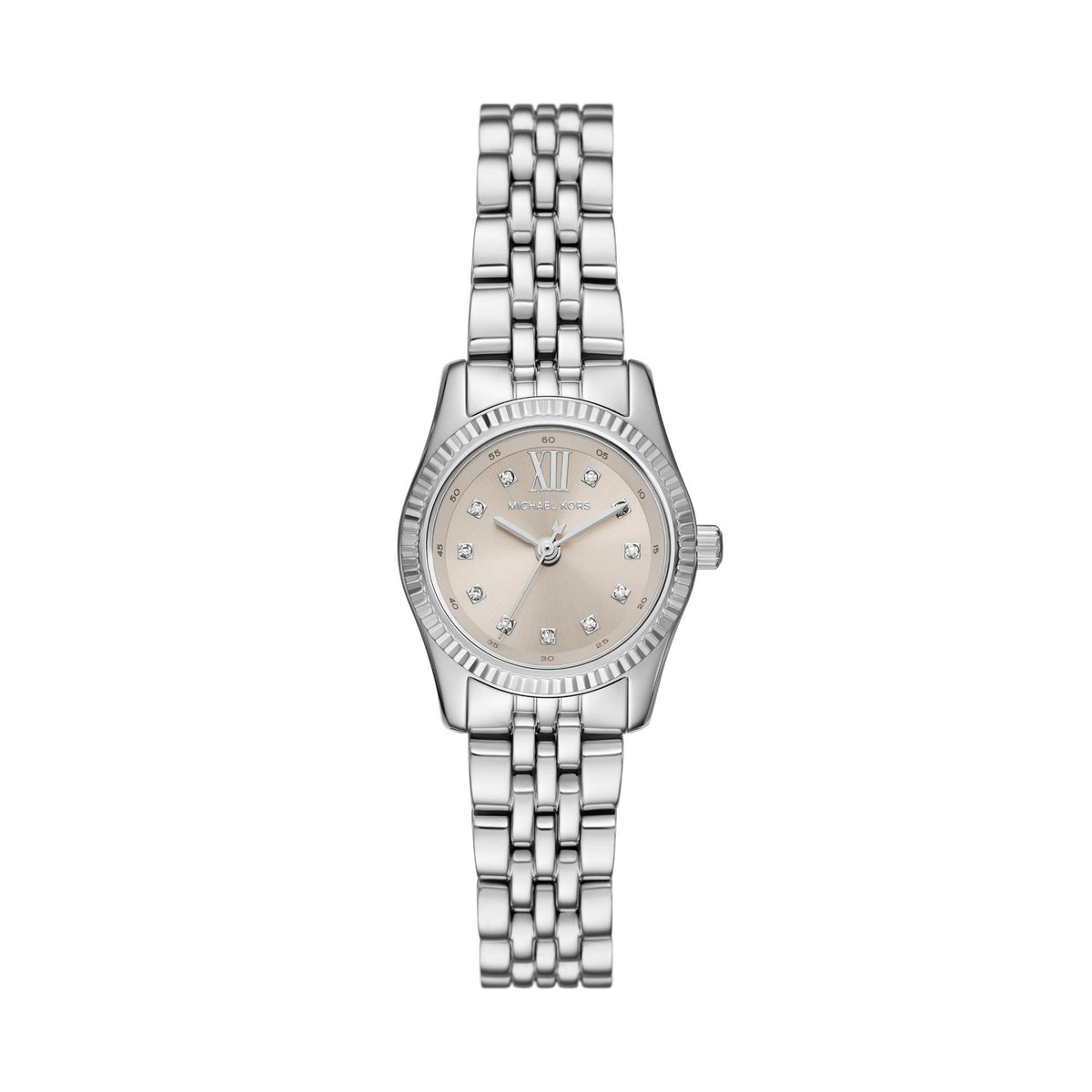 Women's Michael Kors watch with silver dial, diamond markers, and stainless bracelet