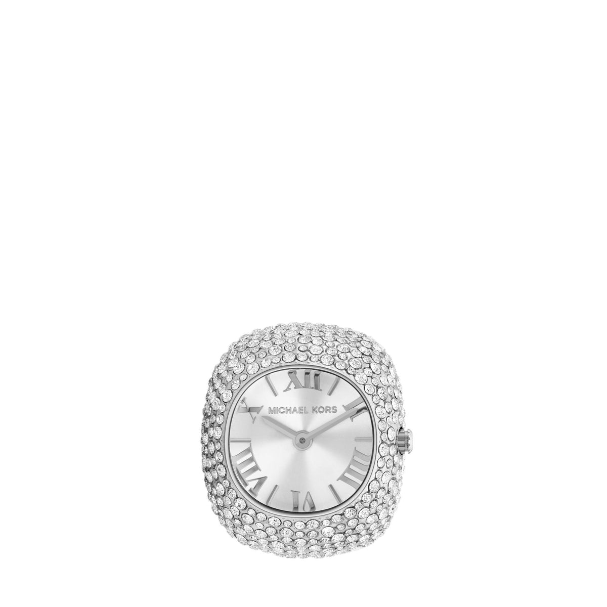 Michael Kors silver-tone watch ring with crystal-studded bezel and silver dial