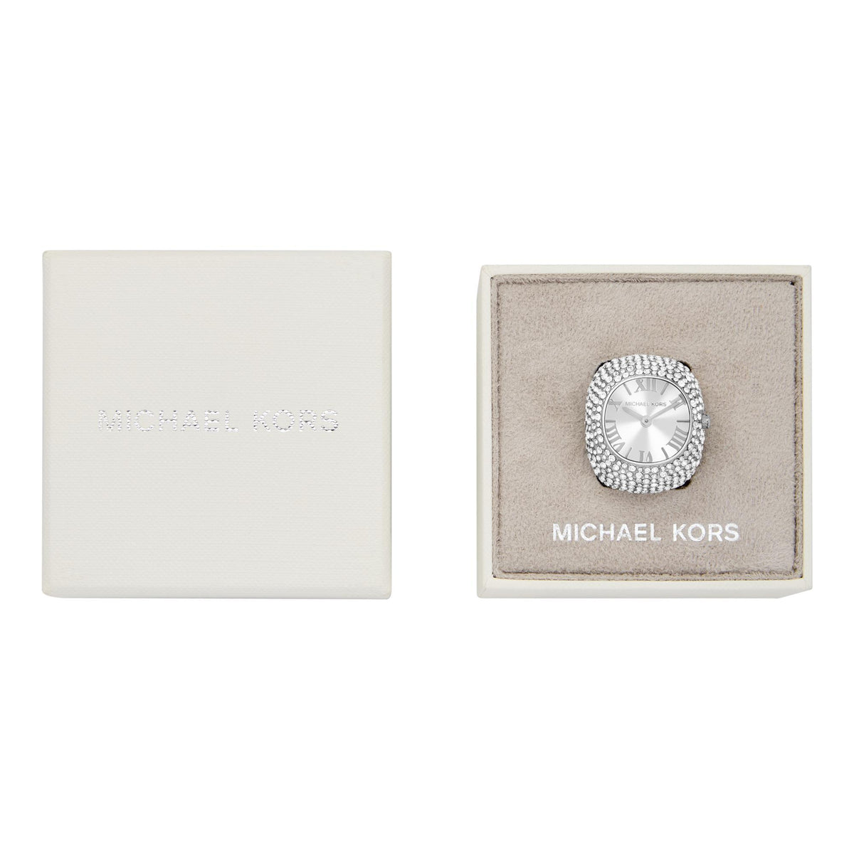 Michael Kors watch presentation box with silver rhinestone watch inside