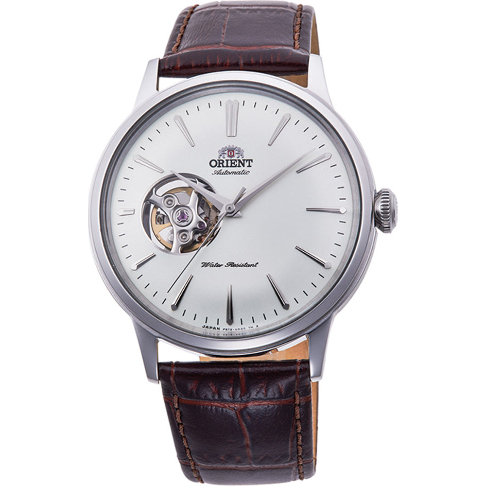 Orient Bambino men’s automatic watch, white open-heart dial with brown leather strap