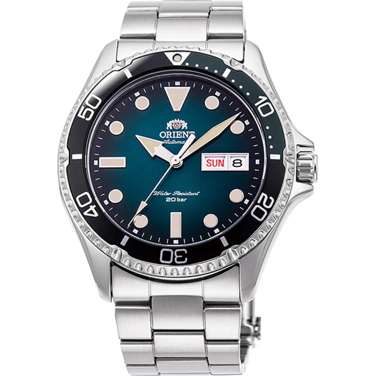 Men's automatic wrist watch with teal-green dial, steel bracelet, and bezel markings