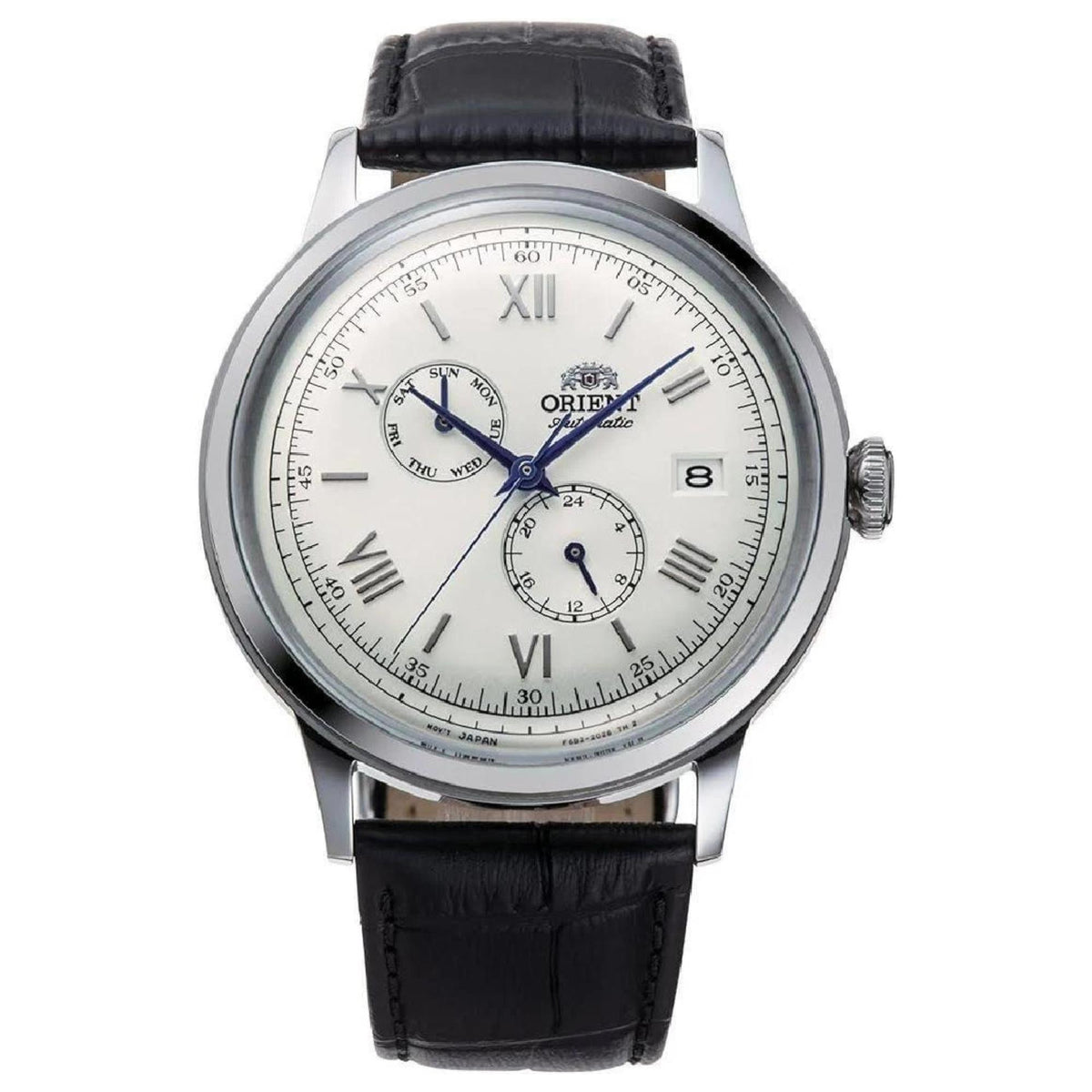 Men's automatic wristwatch front view with black leather strap, white dial, blue hands and subdials.