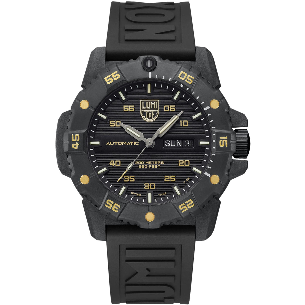 Men’s automatic watch front view: black dial, gold bezel accents, black rubber strap