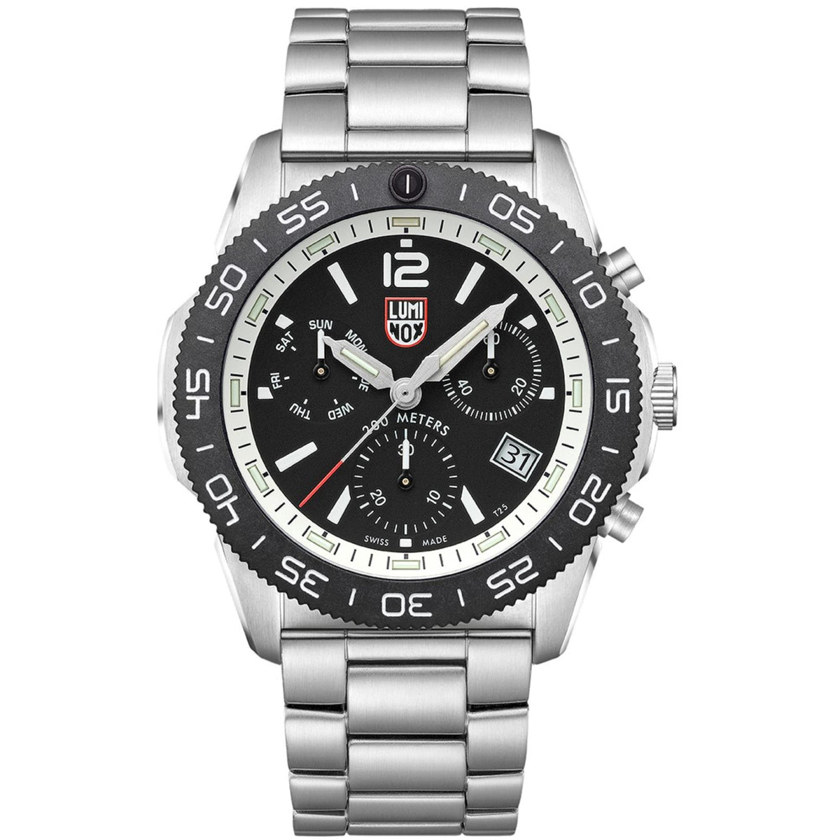 Stainless steel diver chronograph watch with black dial, three hands, and metal bracelet.