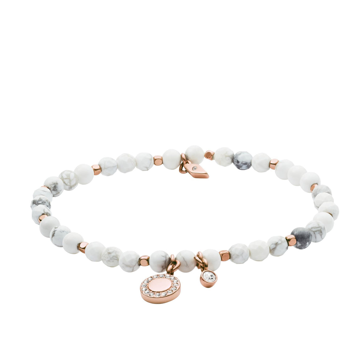 Howlite bead bracelet with rose-gold oval charm, heart charm, and small dangling accents