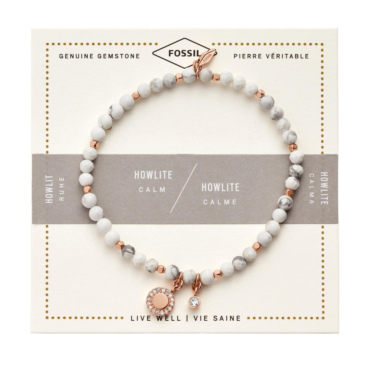 Howlite bead bracelet on retail card with rose-gold clasp hardware and charm drops