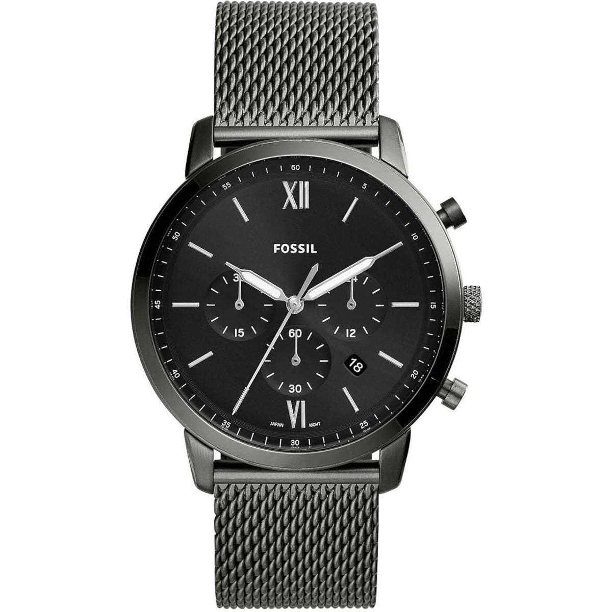 Direct front shot of the Fossil Neutra FS5699 chronograph timepiece showcasing the black dial layout with luminous hands and sub-dials