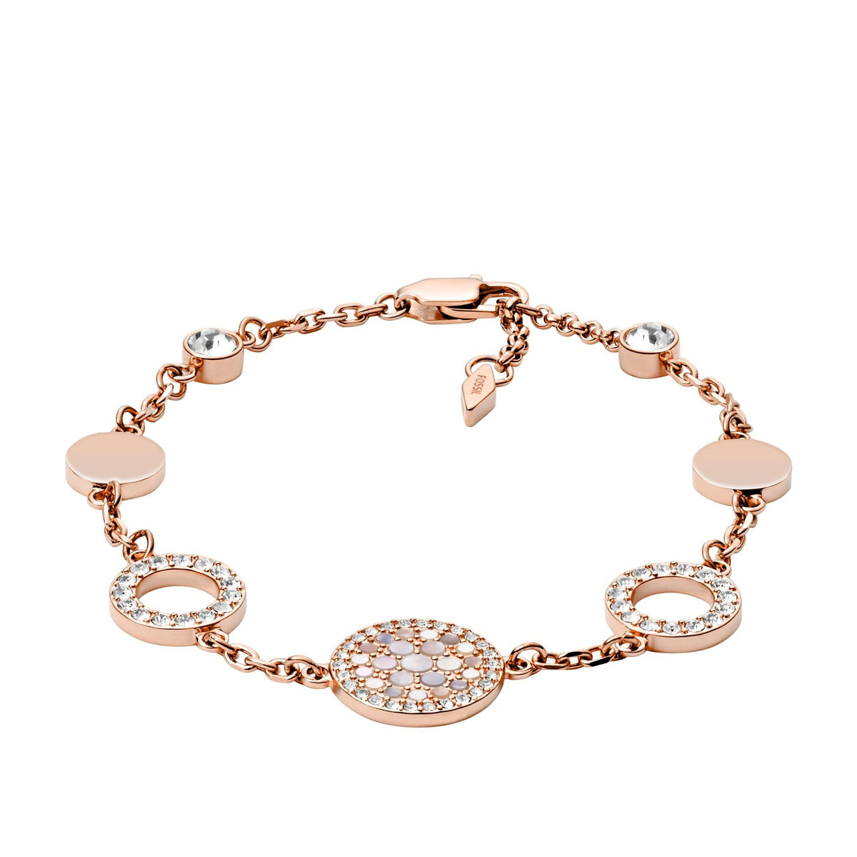 Rose gold-tone disc station bracelet with mother-of-pearl oval center link and chain