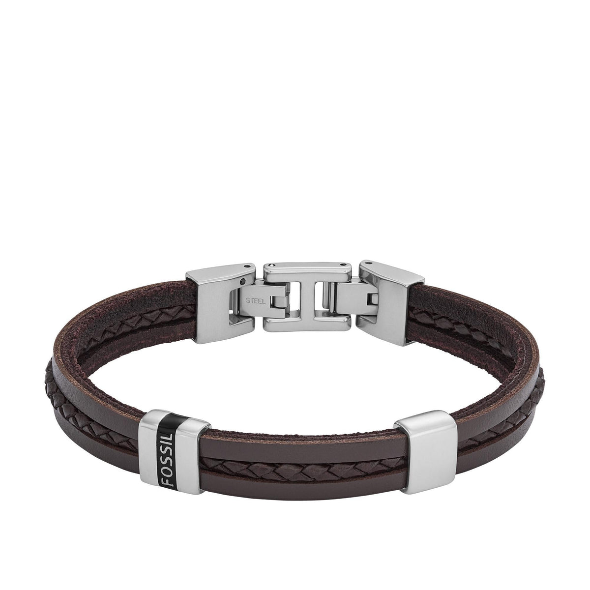 Dark brown leather men’s bracelet with steel multi-link clasp and Fossil logo plate