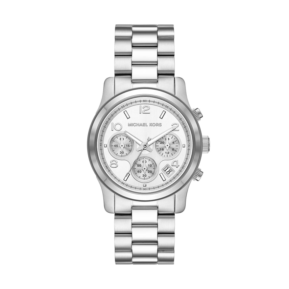 Silver dial chronograph watch with stainless steel bracelet, three subdials