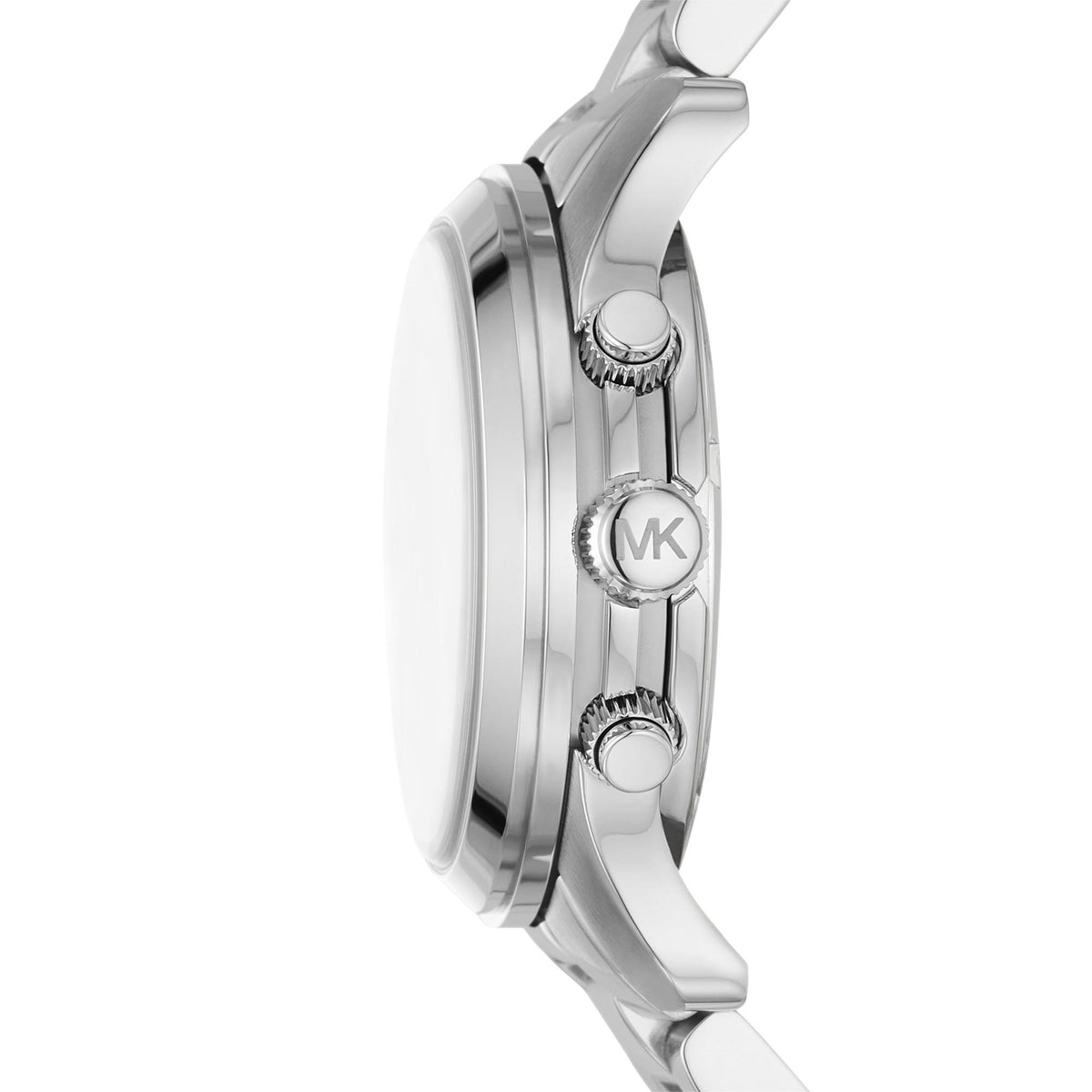 Michael Kors stainless steel chronograph watch with crown and MK logo on case