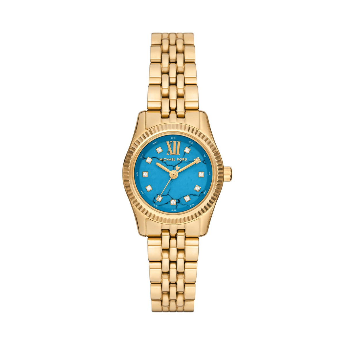 Gold-tone stainless steel watch with blue round dial and Roman numeral hour markers