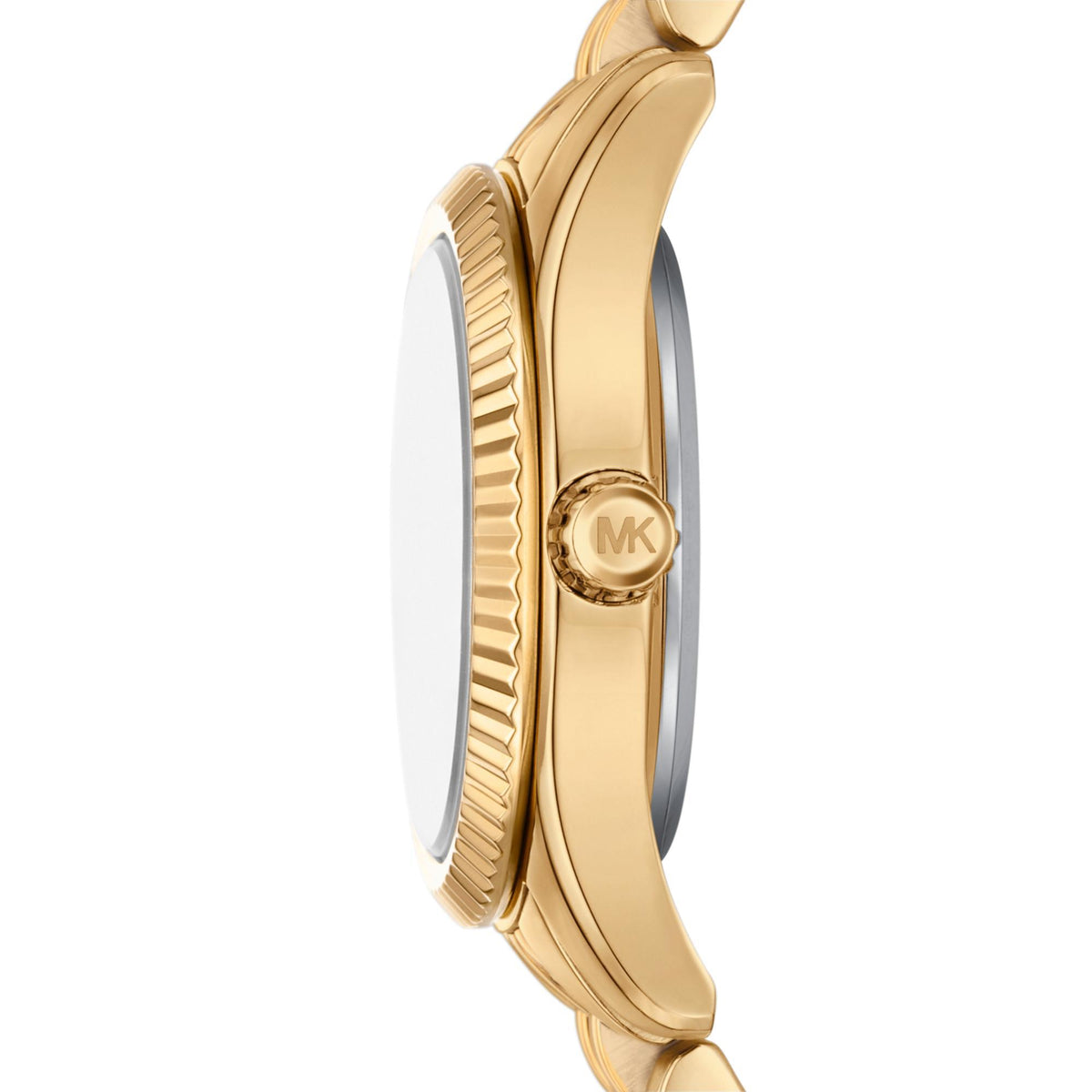 Gold-tone stainless steel watch side view showing thickness and crown