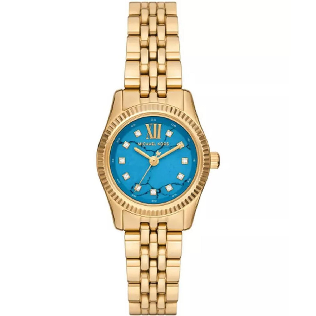 Gold-tone stainless steel watch front view with blue dial and Roman numeral markers
