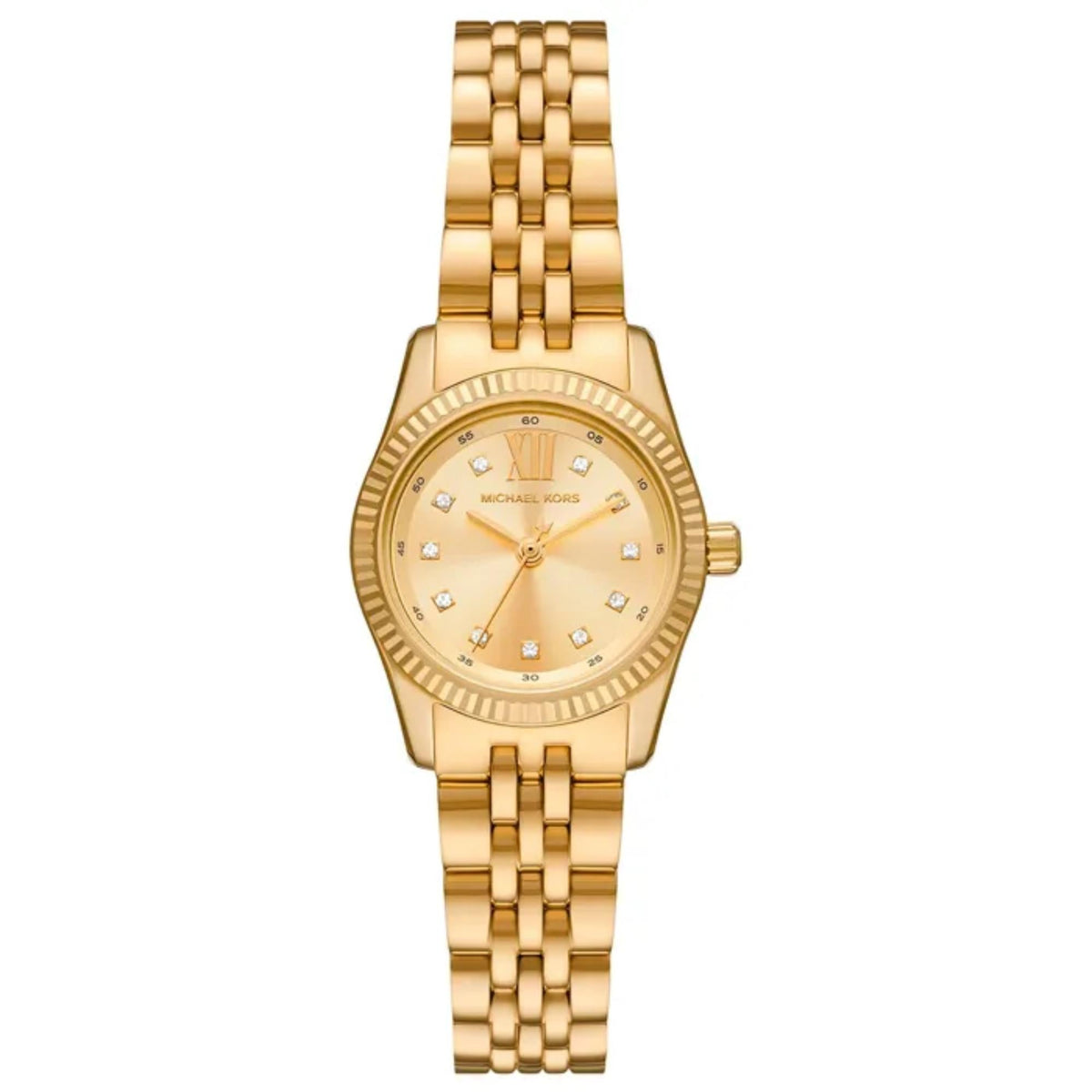Gold-tone round-faced women's watch with minute track and diamond markers