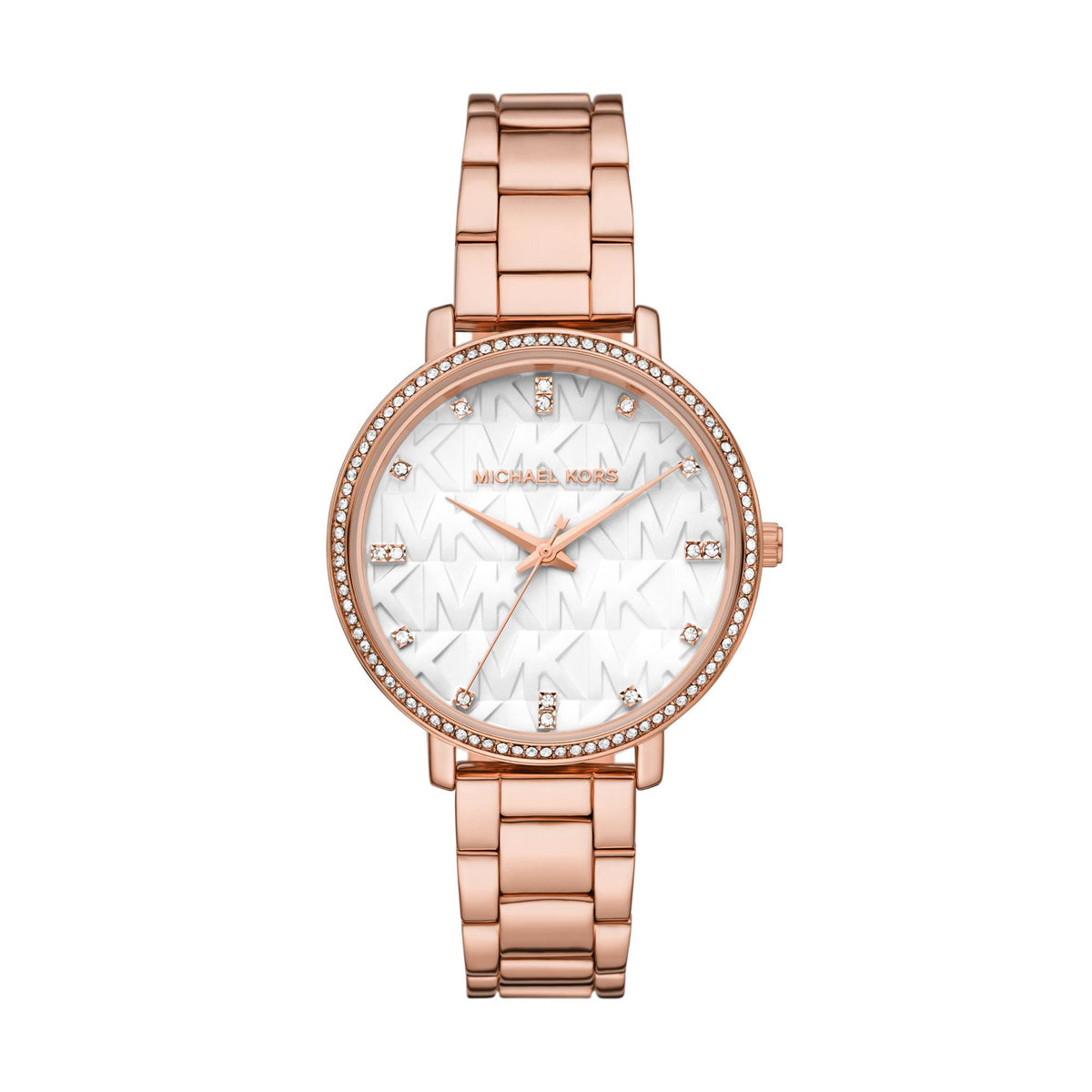 Michael Kors Pyper watch with rose gold-tone strap, white patterned dial, crystal bezel
