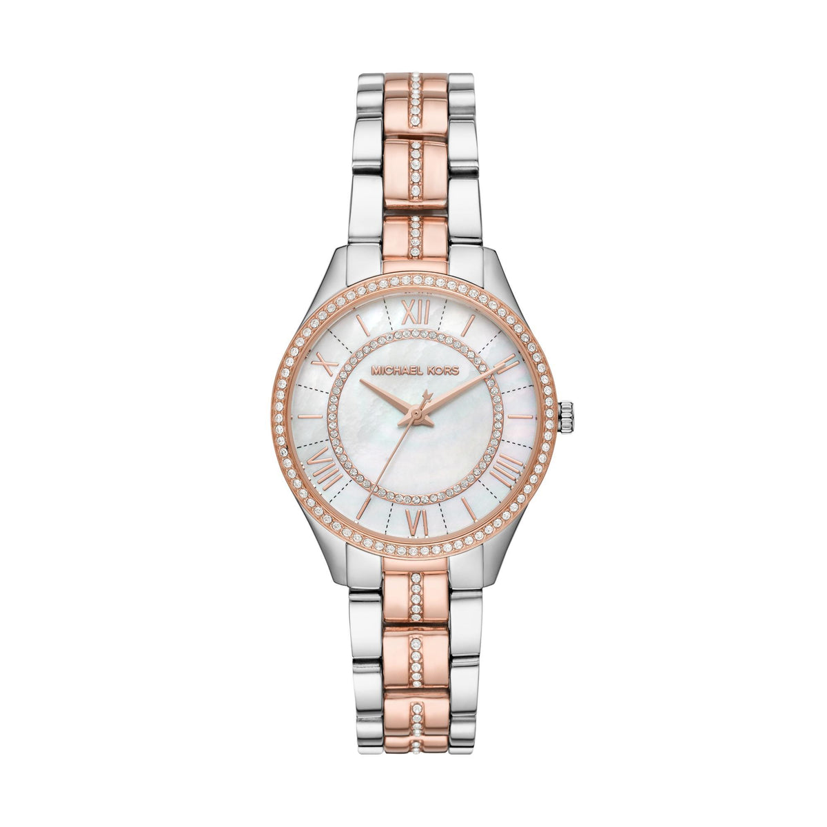 Two-tone stainless steel women's watch, white dial with rose-gold hour markers, crystal bezel