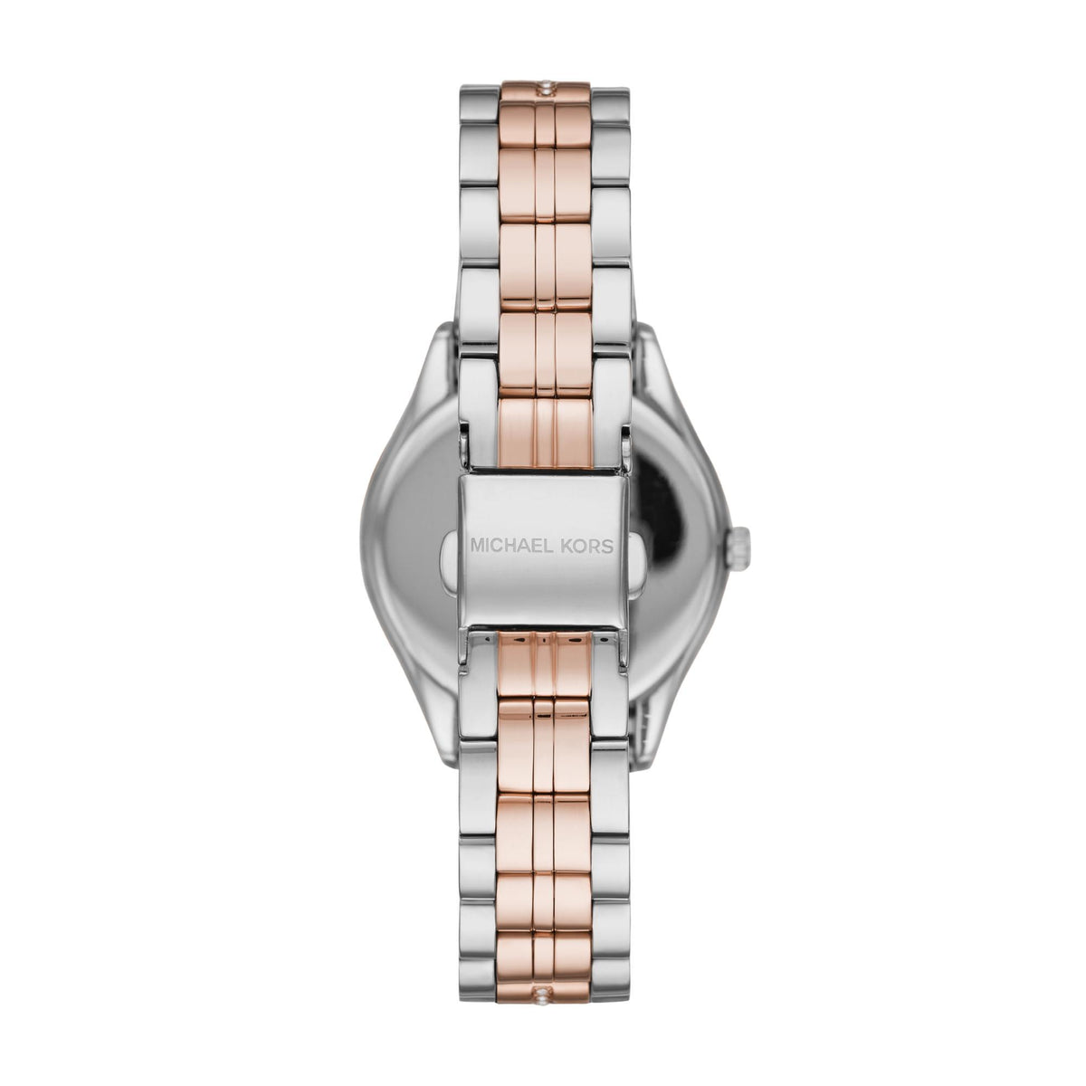 Two-tone stainless steel women's watch side view with white dial and rose-gold link band