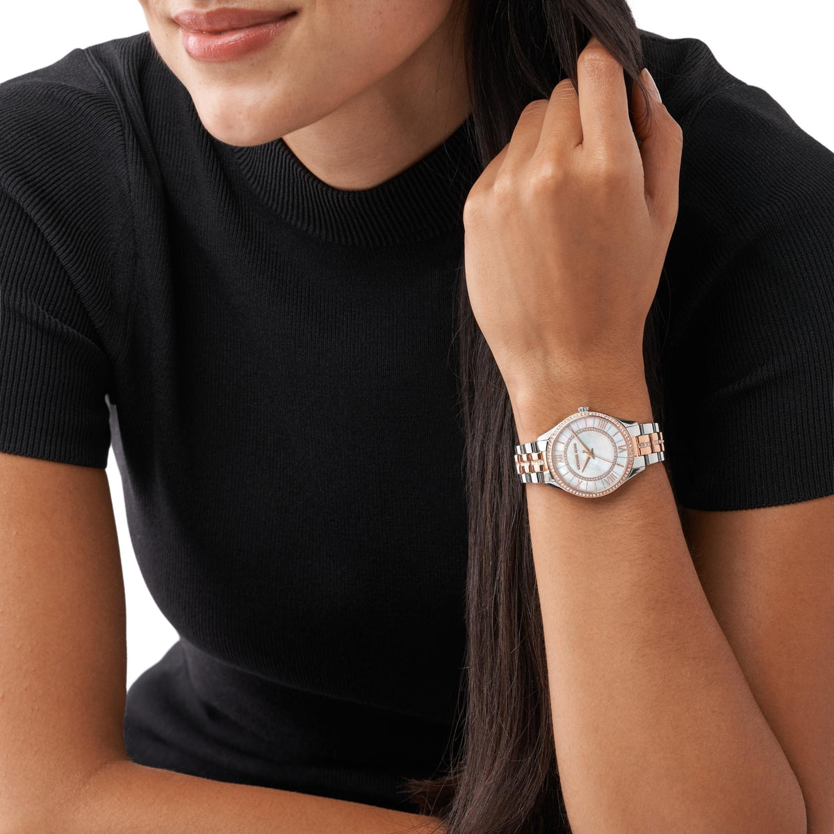 Two-tone stainless steel women's wristwatch with white dial and rose-gold crystal bezel