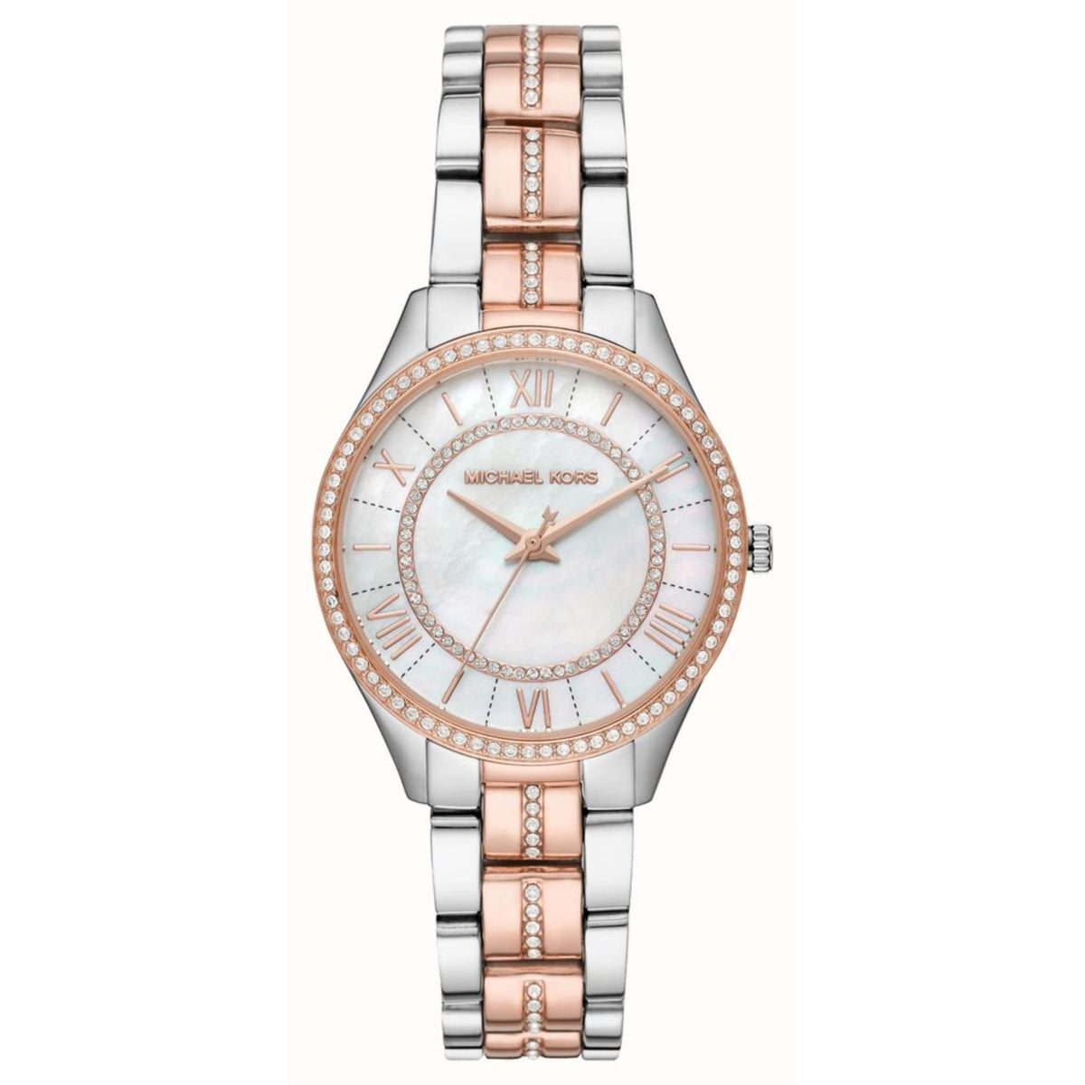 Two-tone stainless steel women's watch with white dial, rose-gold striped center links