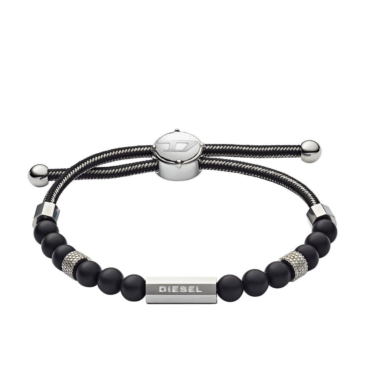 Men’s beaded bracelet with matte black beads and silver clasp with Diesel logo