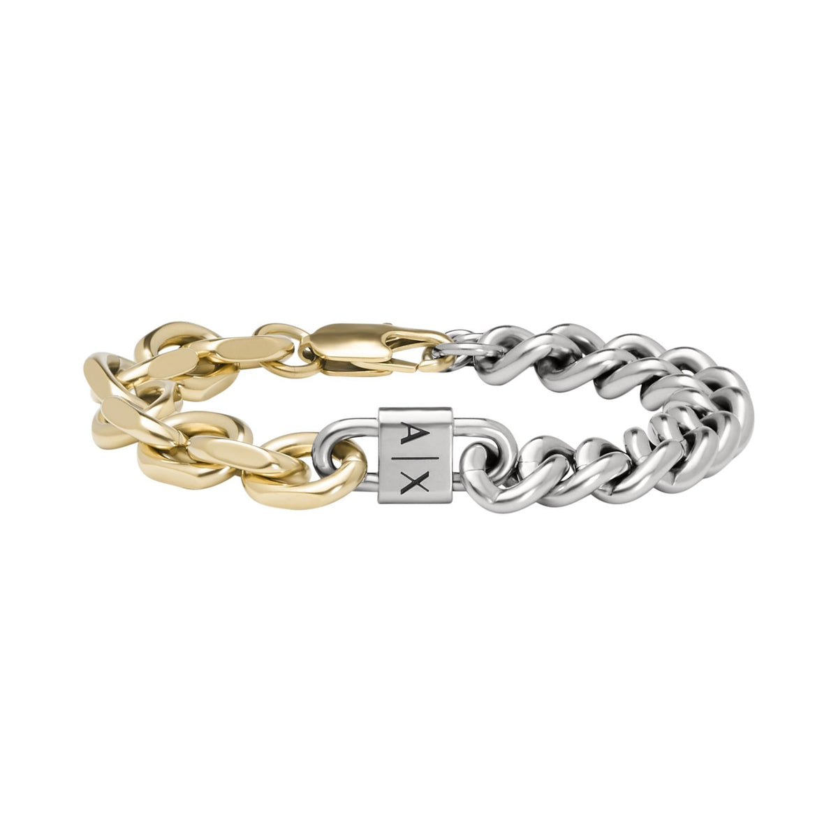 Two-tone stainless steel chain bracelet, alternating gold and silver links with AX logo