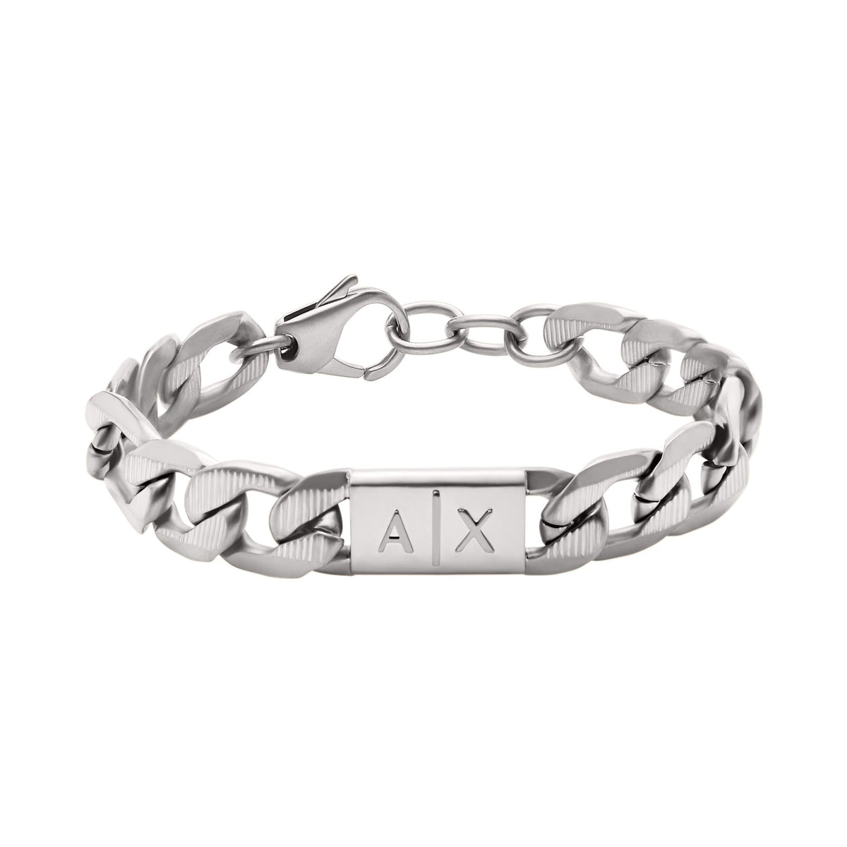 Stainless steel chain bracelet with AX logo plate and curved link chain