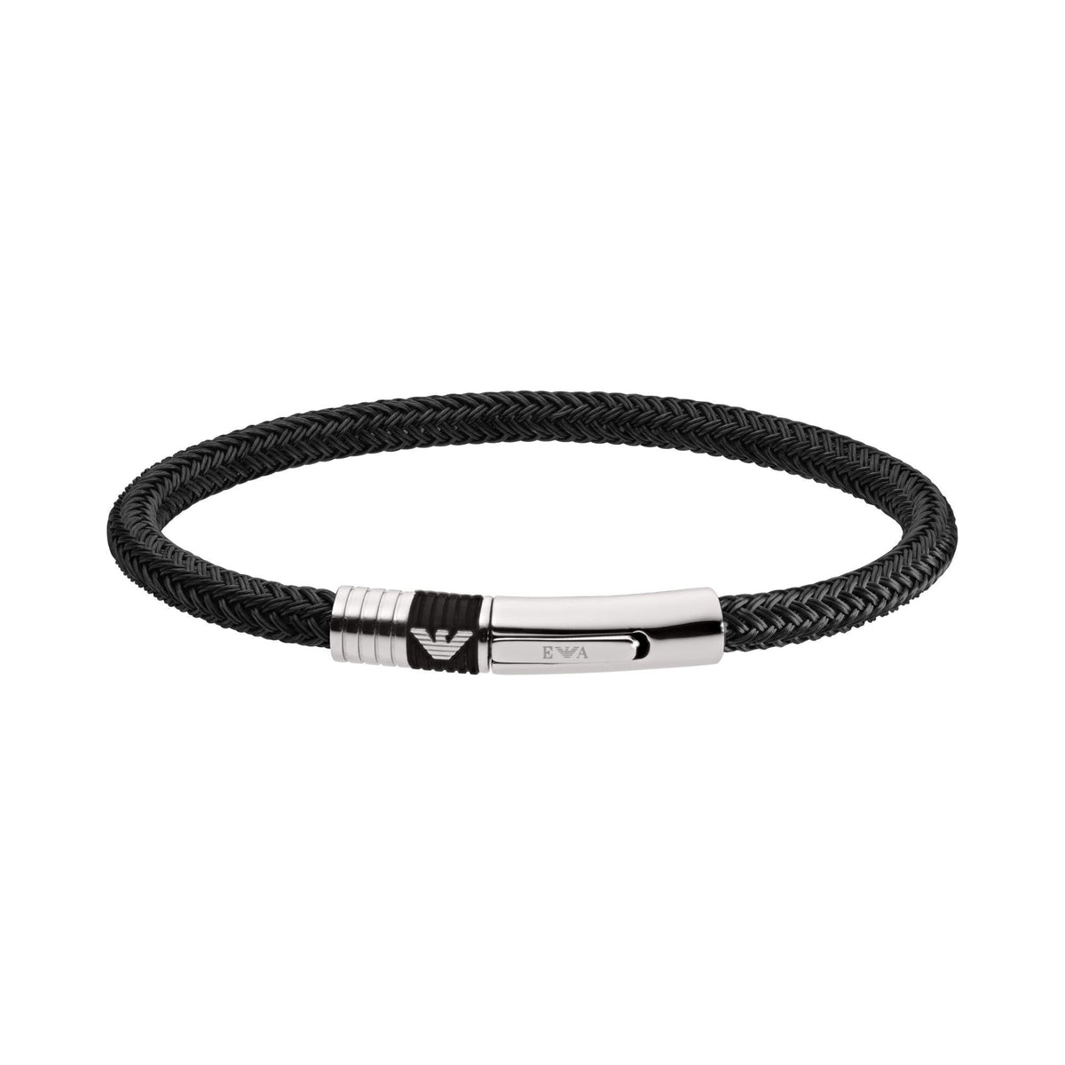 Emporio Armani braided black leather bracelet with stainless steel logo plate