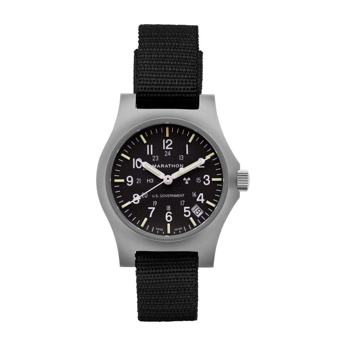 Men's black-dial quartz date officer watch with silver case and black fabric strap.