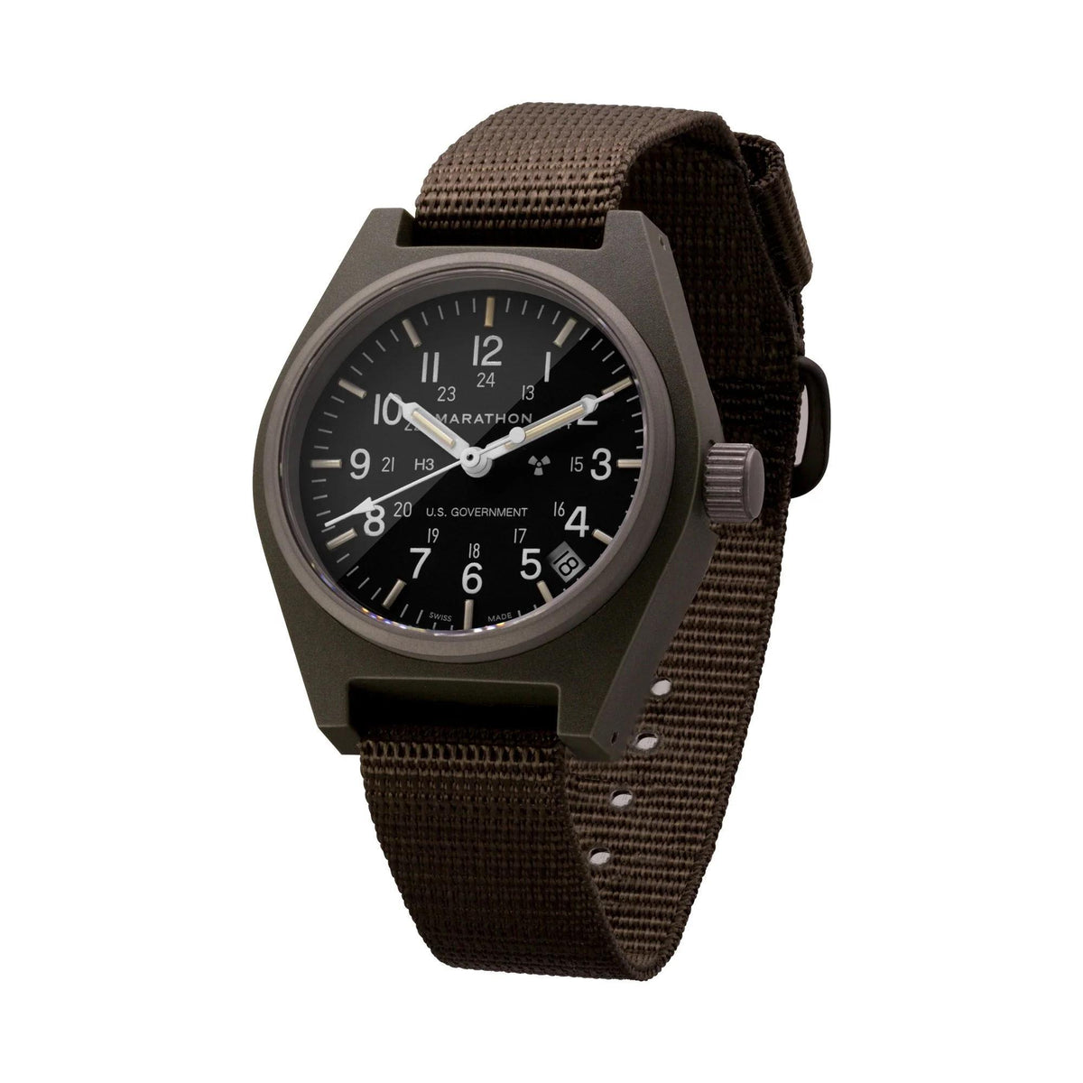 Men's wristwatch with black dial, date, grey case, dark fabric strap.