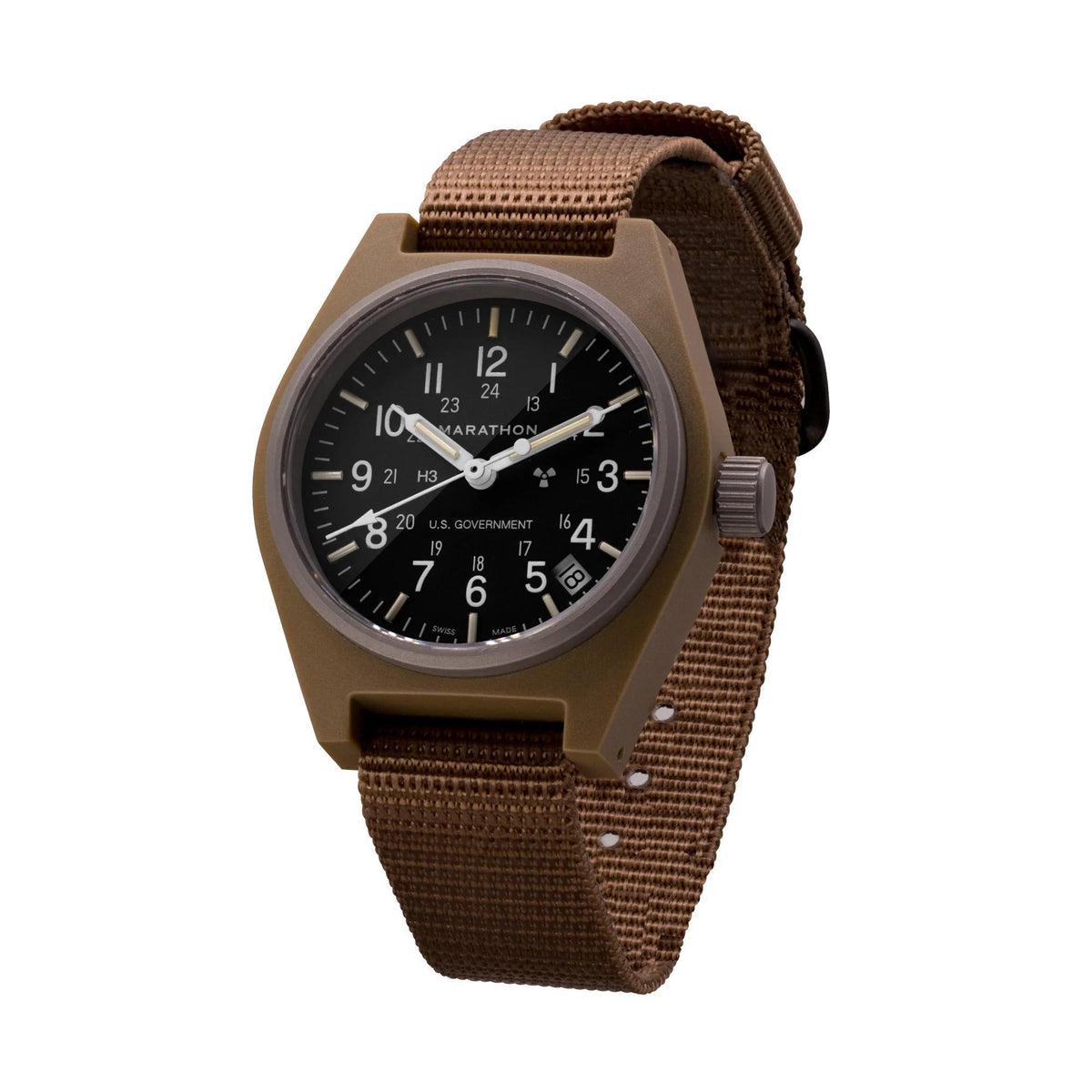 Men's desert tan case watch with black dial, date window, and brown woven strap