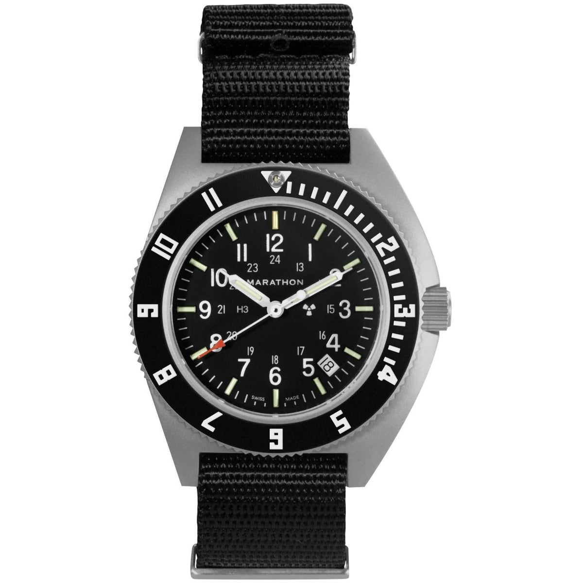 Men's steel watch with black dial, luminous hands, and black fabric strap