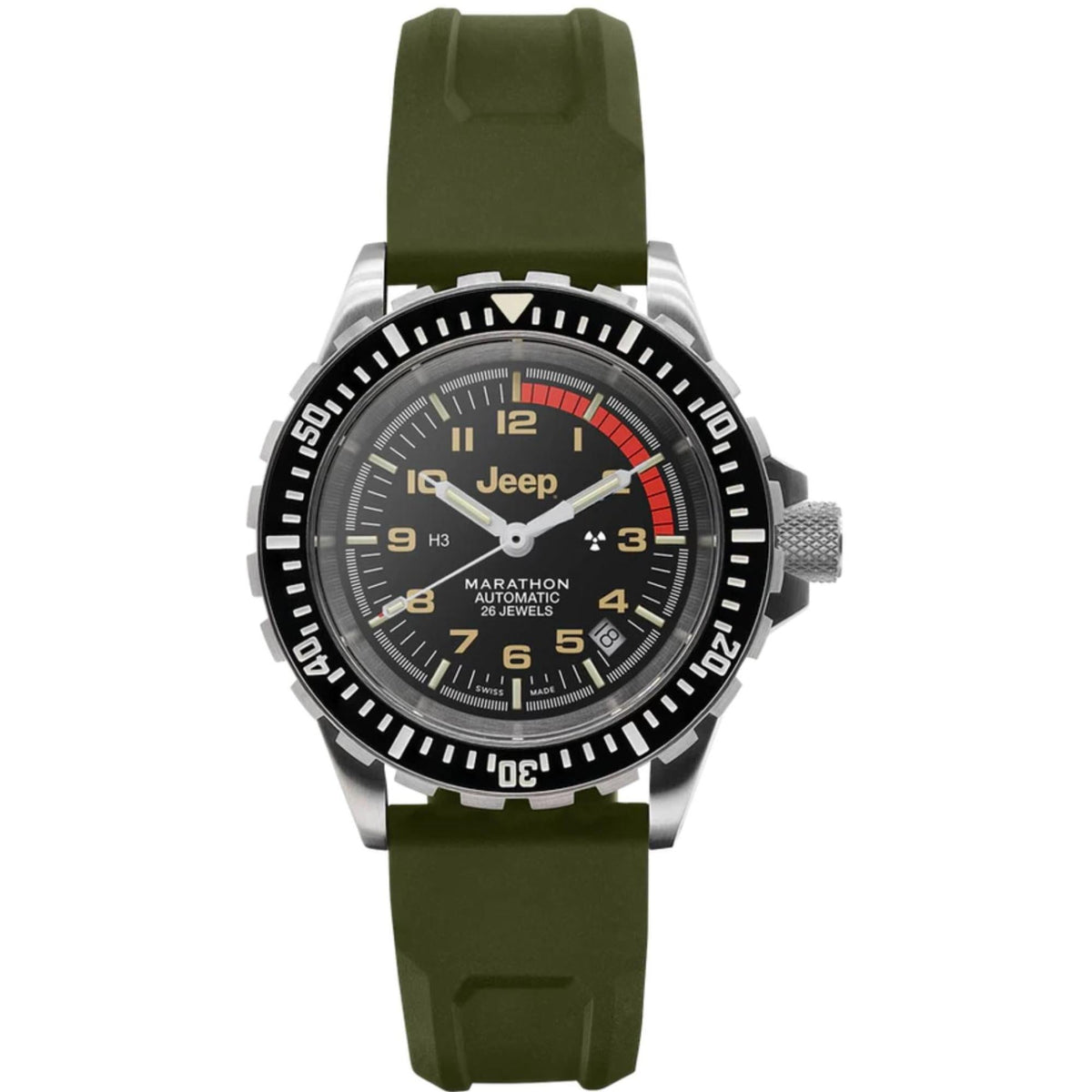 Men's stainless steel dive watch with olive strap, black dial, red accents, Jeep logo