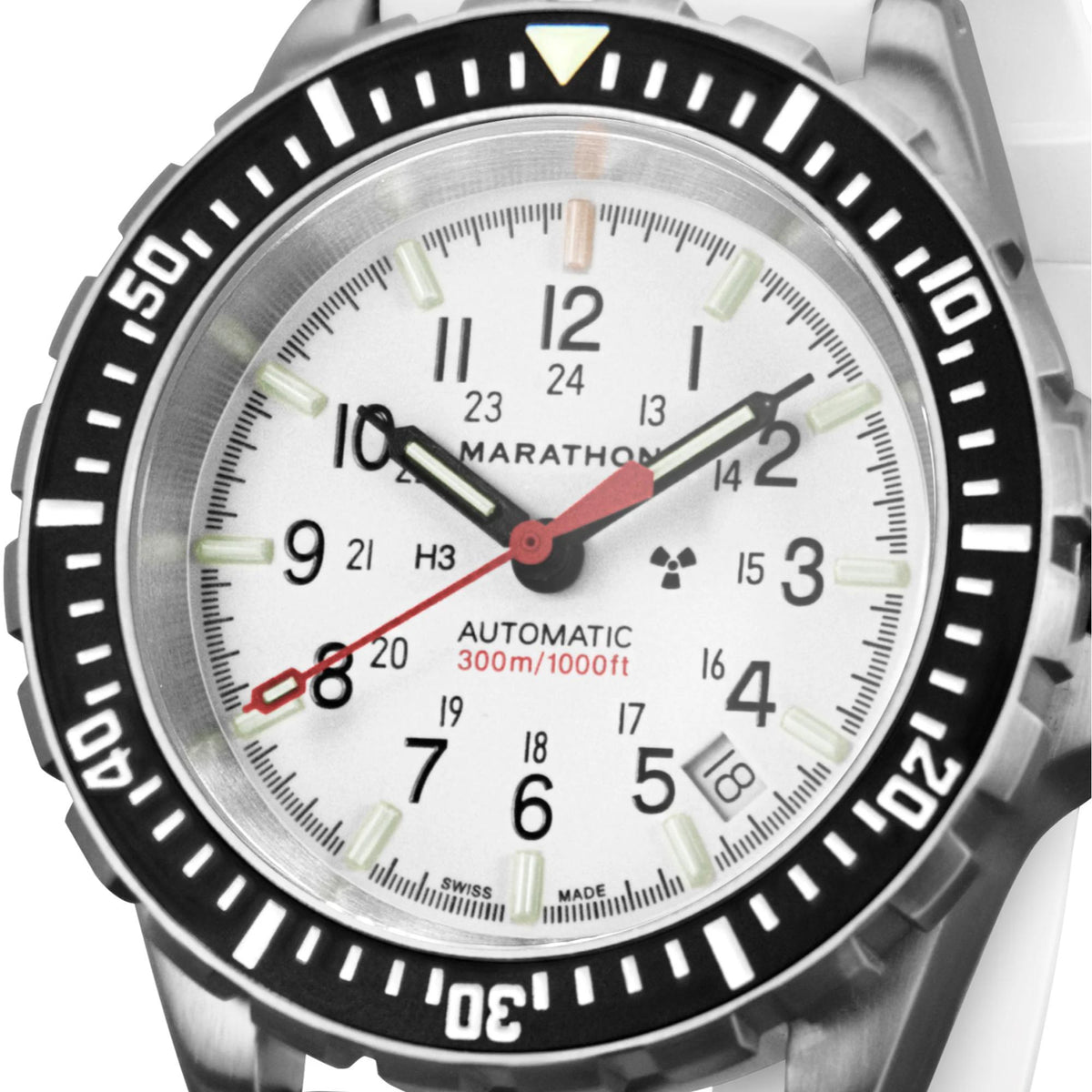 Diver's automatic men's watch dial with white face, black hands, red seconds marker