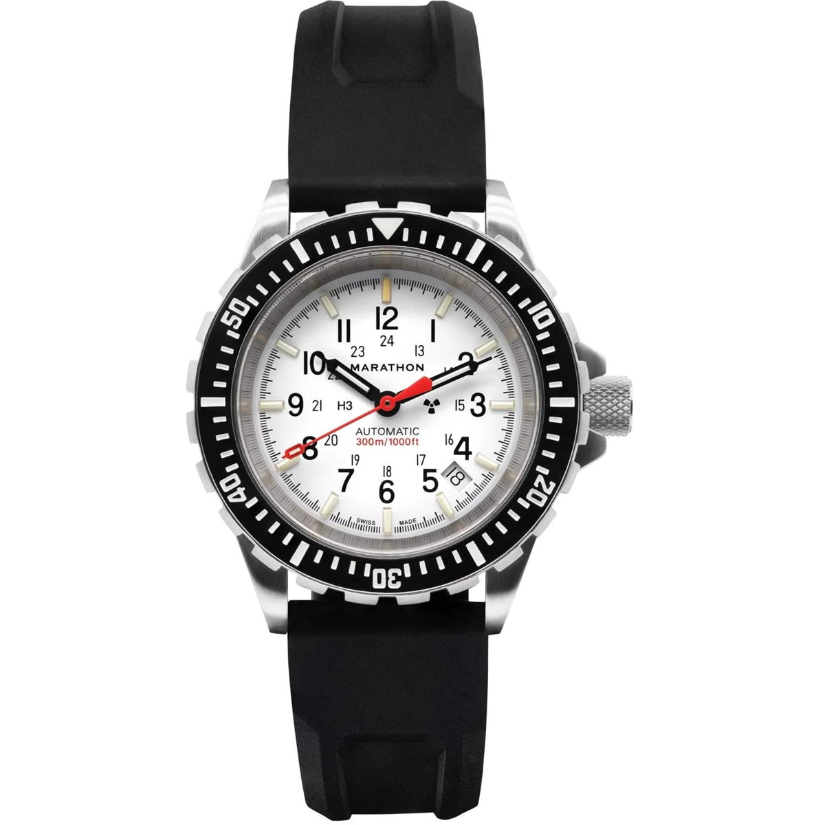 Large diver's automatic men's watch with white dial, black bezel, black rubber strap
