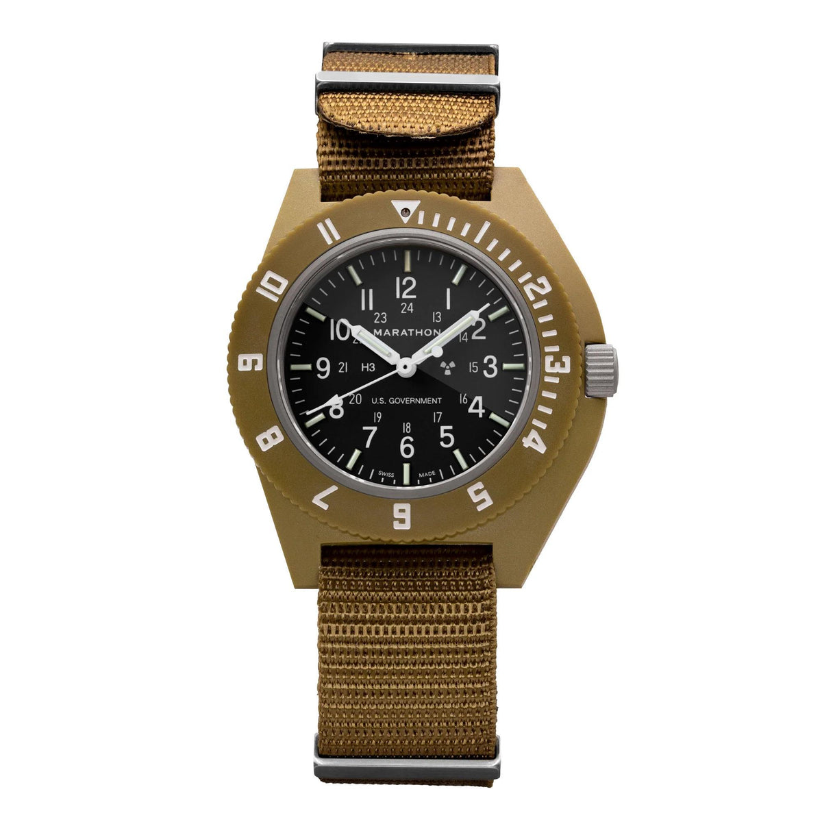 Front view desert tan men's watch with black dial, numbered bezel, and woven strap