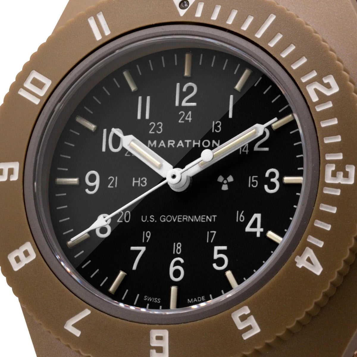 Desert tan pilot navigator watch with black dial, large numbers and hands