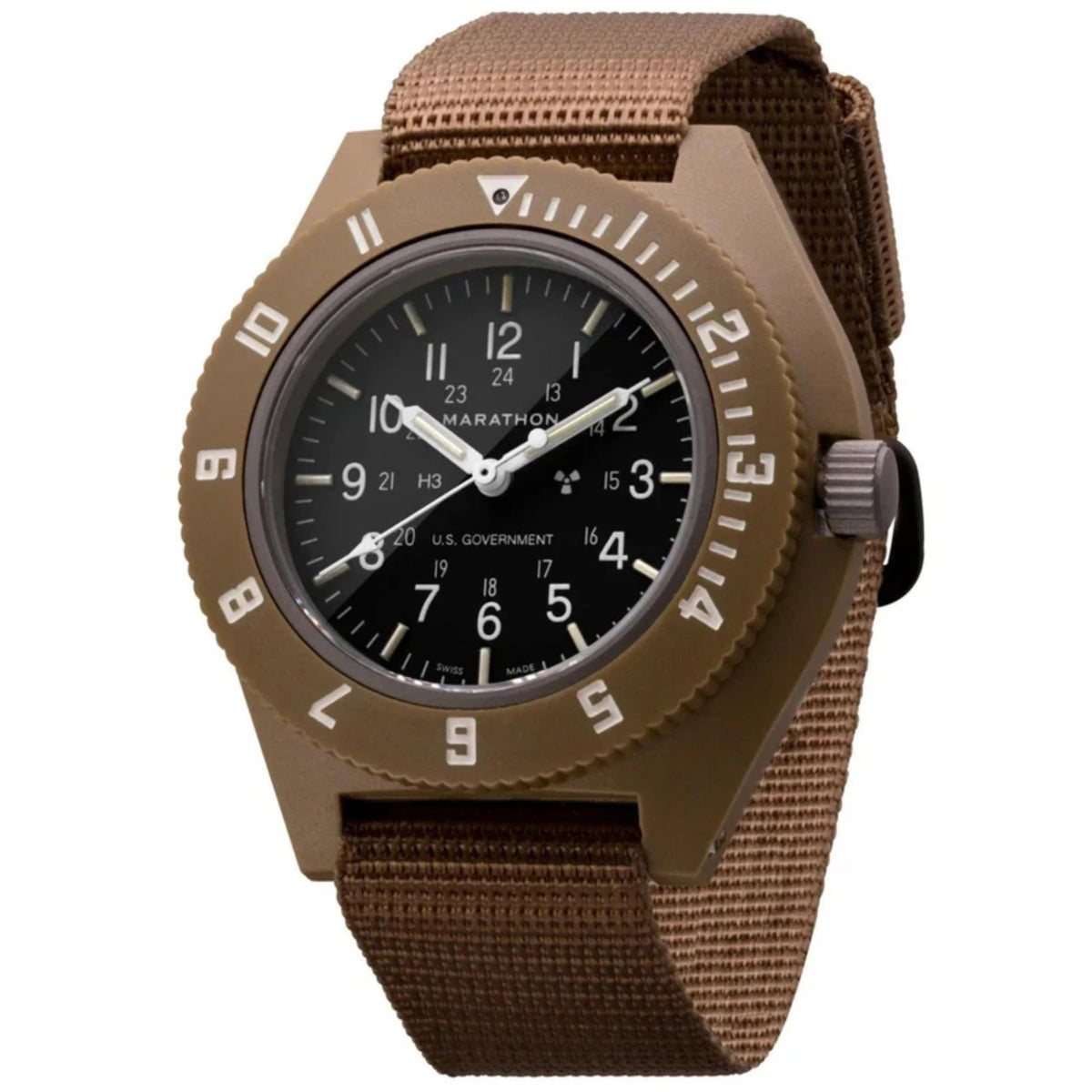 Men's desert tan watch featuring a black dial, raised numbered bezel, and fabric strap