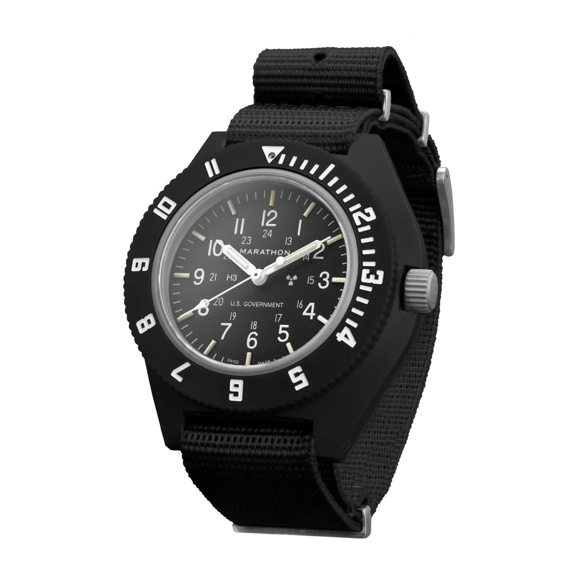Black men’s quartz navigator wristwatch with black dial, bold numerals, and textured fabric strap