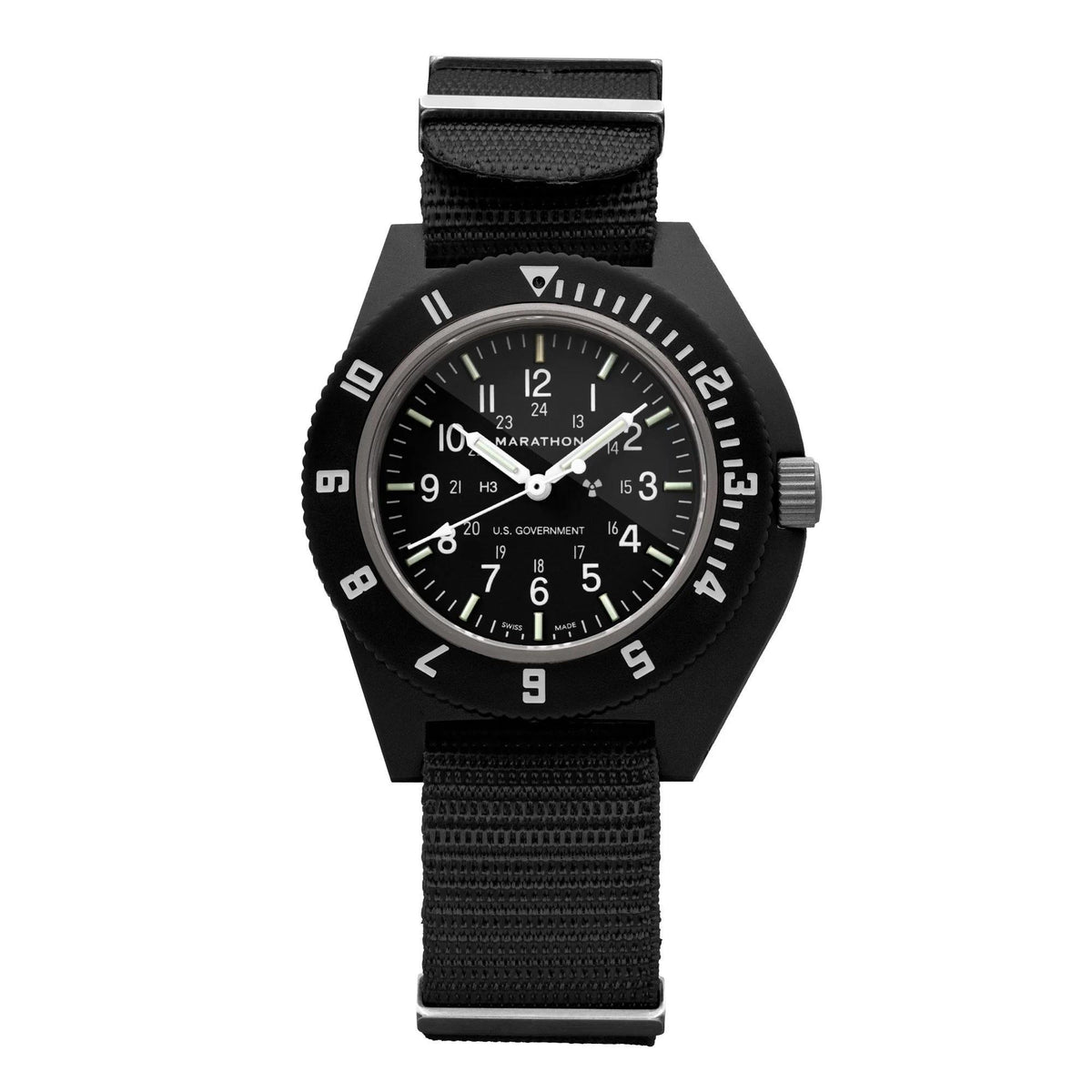 Black men’s quartz navigator wristwatch shown front view with textured fabric band and dial